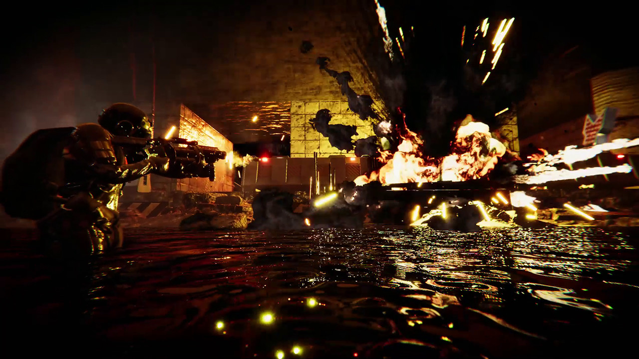 Mech engaging hostiles in a flooded Nutropolis alley, muzzle flare and explosions reflected in the water