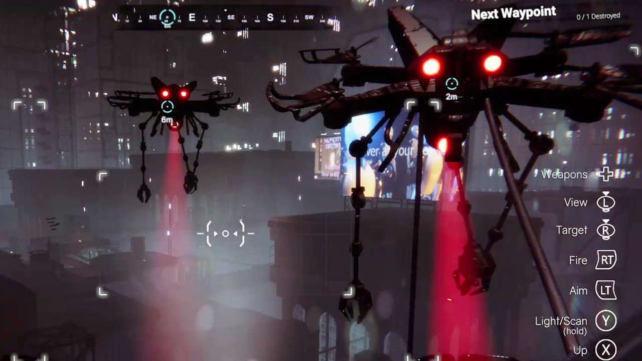 Aerial recon drones with targeting brackets over the Nutropolis skyline
