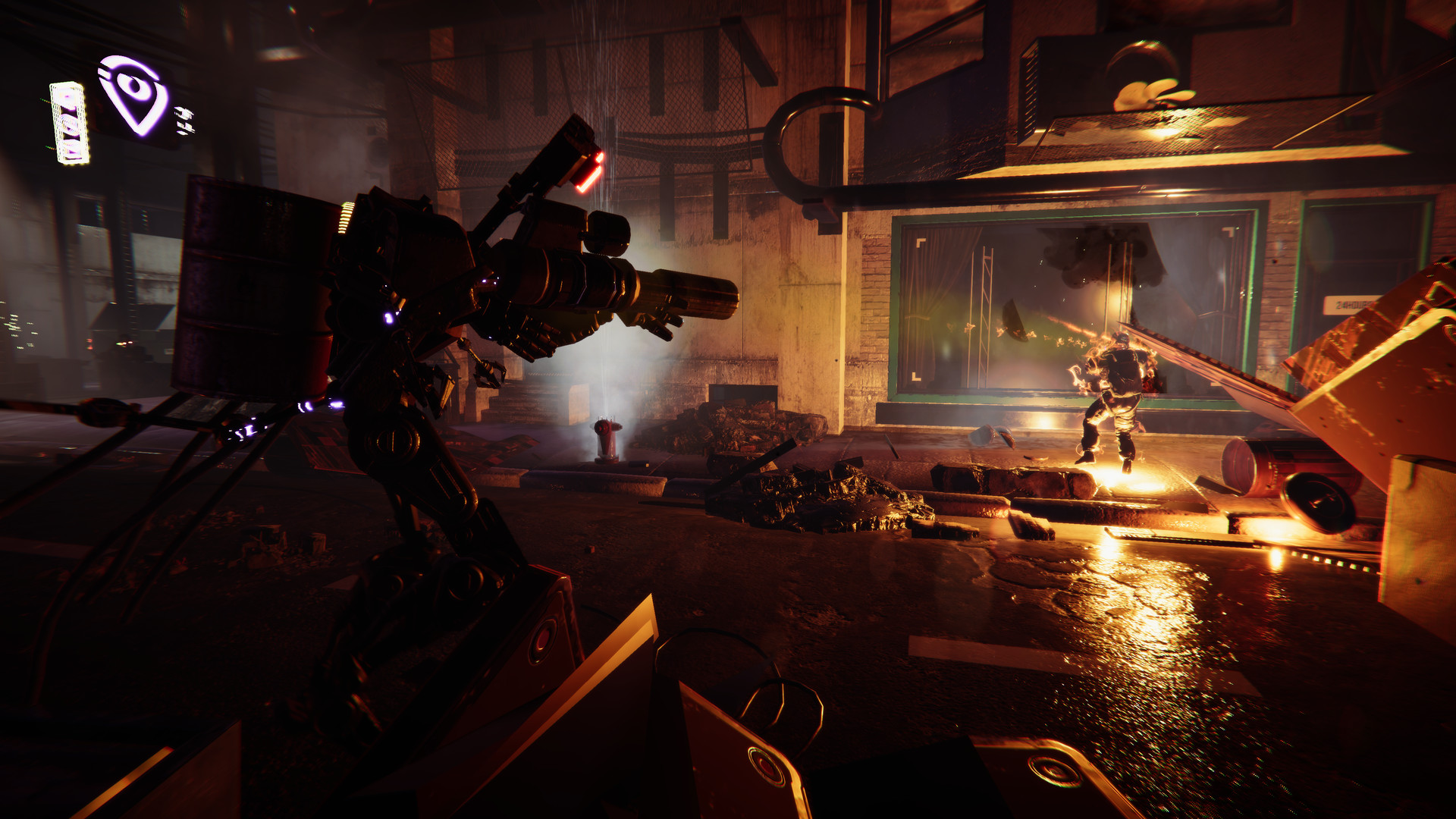 Heavy mech firing a rotary weapon at a hostile on a rain-soaked street