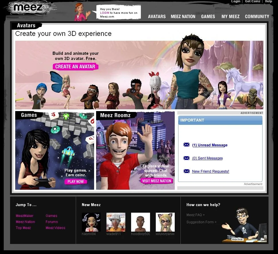 Lineup of customized Meez 3D avatars