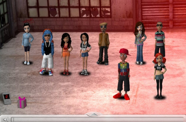 A group of Meez avatars hanging out in a Roomz environment