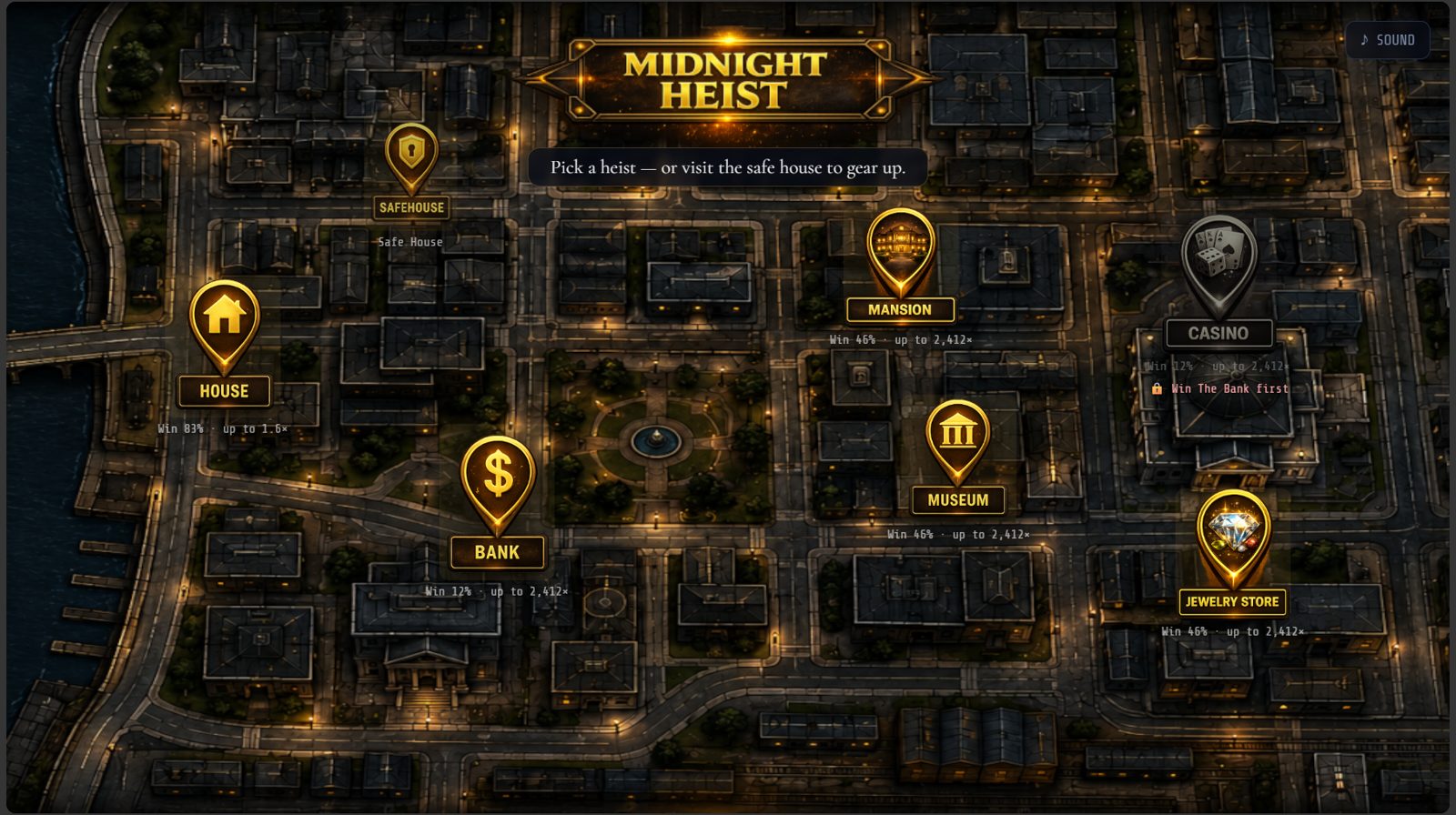 Midnight Heist target-selection map with heist locations