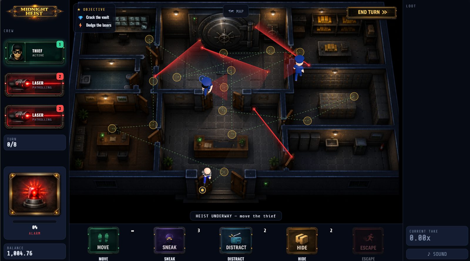 Midnight Heist tactical stealth mini-game with lasers and guards
