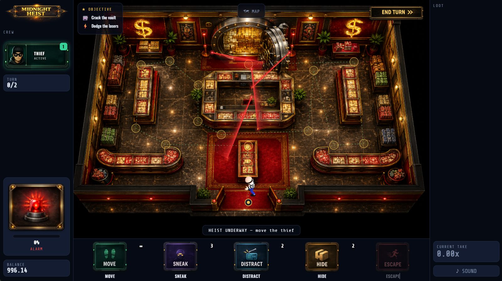 Midnight Heist jewelry store vault floor with laser grid and loot cases